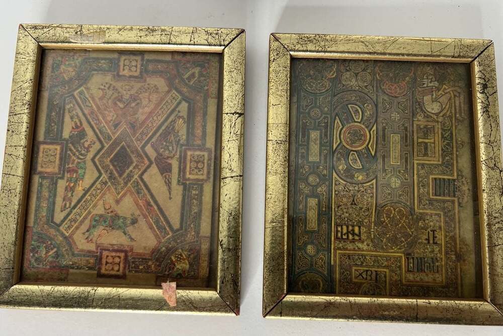 Vintage Book of Kells Framed Prints Pair Irish Celtic Illuminated Manuscript Art